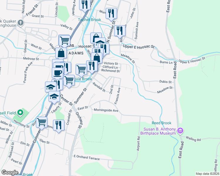 map of restaurants, bars, coffee shops, grocery stores, and more near 12 1st Street in Adams