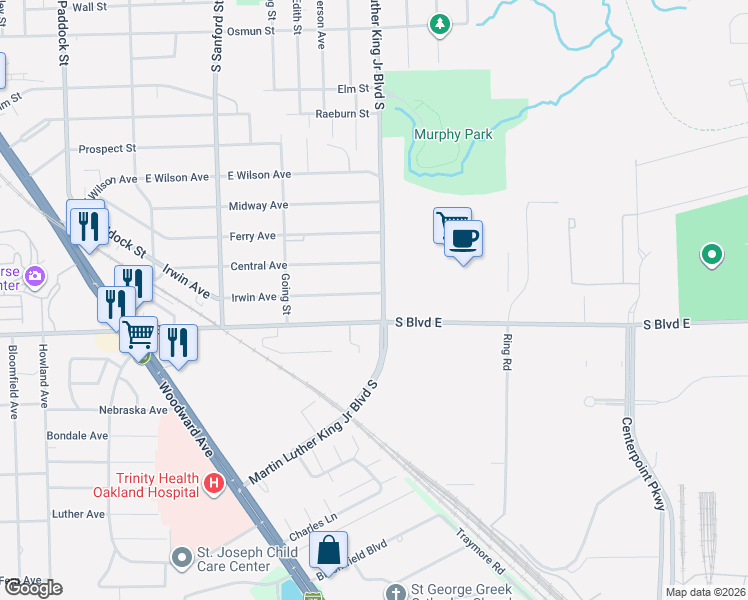 map of restaurants, bars, coffee shops, grocery stores, and more near 614 Martin Luther King Junior Boulevard South in Pontiac