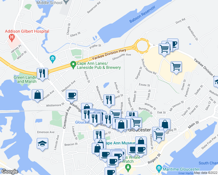 map of restaurants, bars, coffee shops, grocery stores, and more near 61R Grove Street in Gloucester