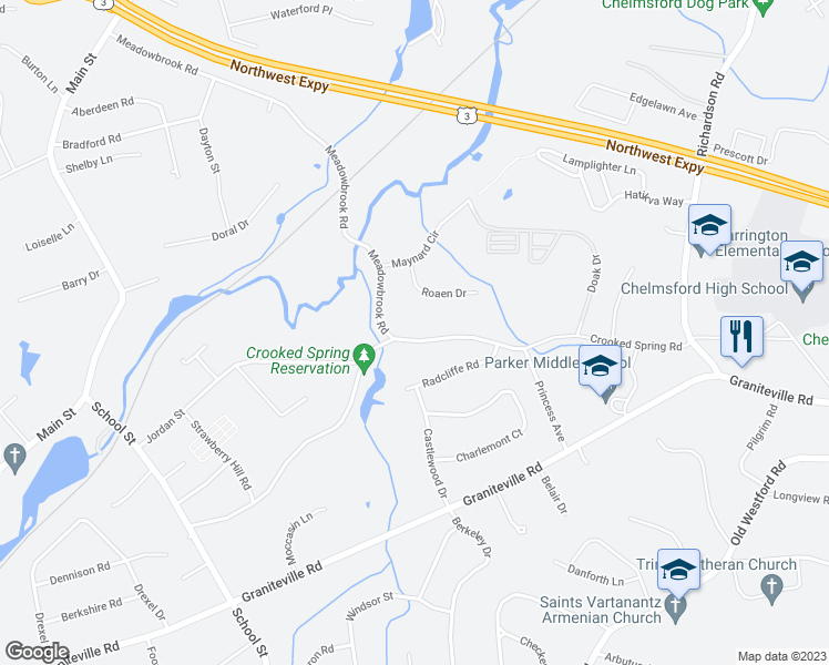 map of restaurants, bars, coffee shops, grocery stores, and more near 82 Crooked Spring Road in Chelmsford