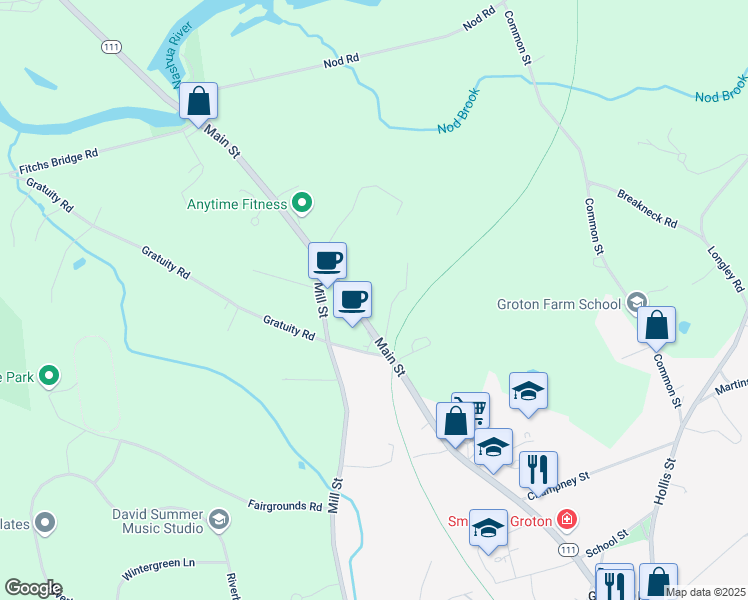 map of restaurants, bars, coffee shops, grocery stores, and more near 468 Main Street in Groton