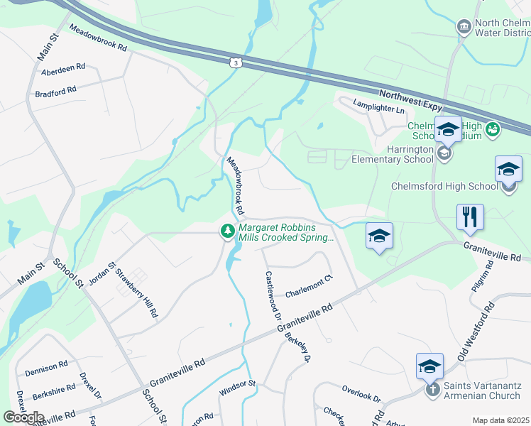 map of restaurants, bars, coffee shops, grocery stores, and more near 82 Crooked Spring Road in Chelmsford