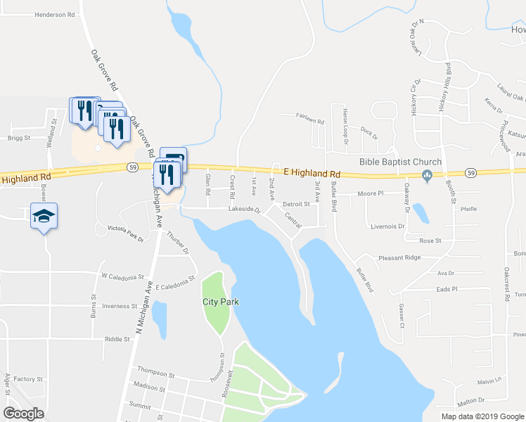 map of restaurants, bars, coffee shops, grocery stores, and more near 1408 Lakeside Drive in Howell