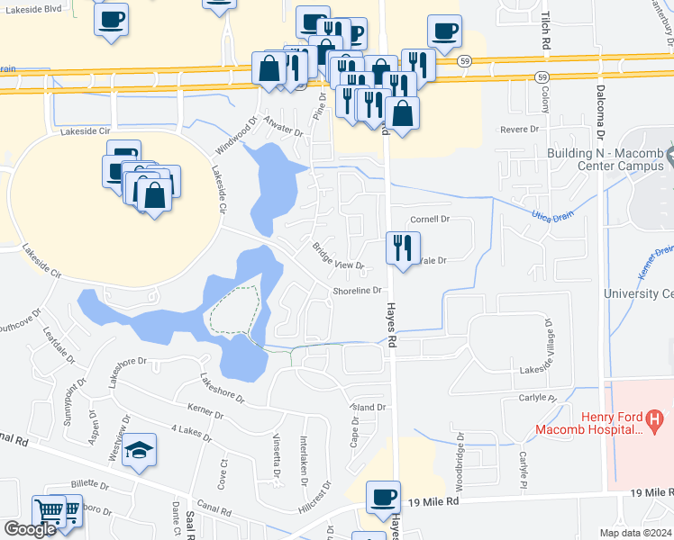 map of restaurants, bars, coffee shops, grocery stores, and more near 15052 Bridge View Drive in Sterling Heights