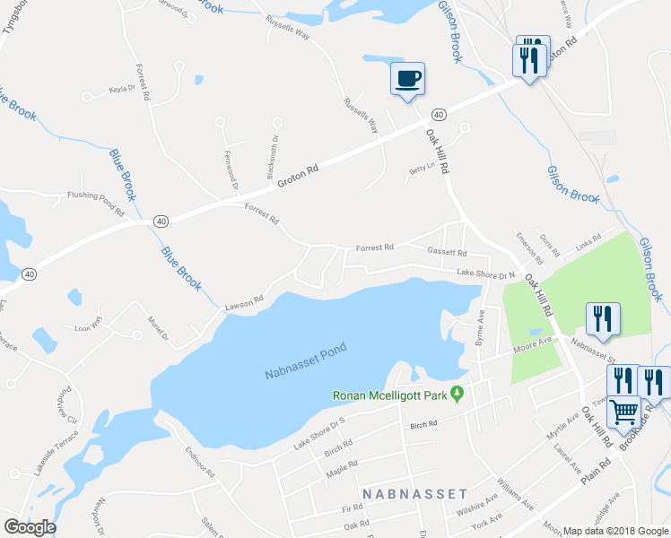 map of restaurants, bars, coffee shops, grocery stores, and more near 3 Fletcher Lane in Westford