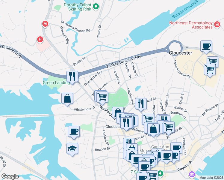 map of restaurants, bars, coffee shops, grocery stores, and more near 10 Colonial Street in Gloucester