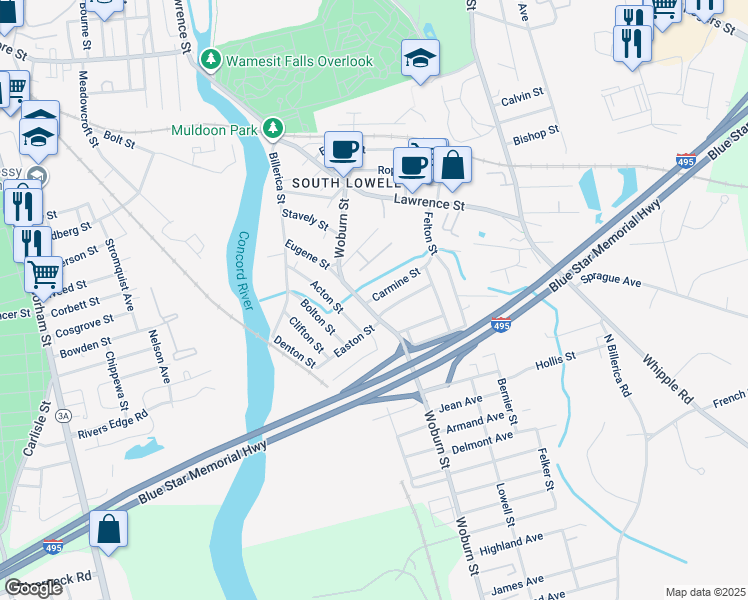 map of restaurants, bars, coffee shops, grocery stores, and more near 24 Carmine Street in Lowell