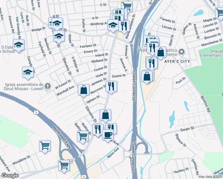 map of restaurants, bars, coffee shops, grocery stores, and more near 11 Newell Street in Lowell