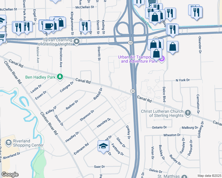 map of restaurants, bars, coffee shops, grocery stores, and more near 11375 Canal Road in Sterling Heights
