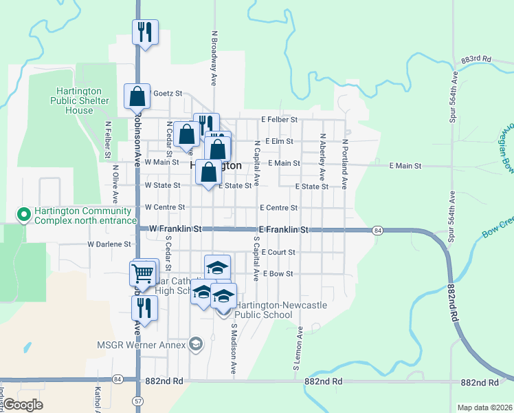 map of restaurants, bars, coffee shops, grocery stores, and more near 199-1001 North Capital Avenue in Hartington