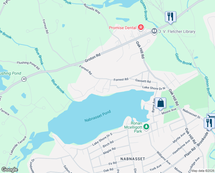 map of restaurants, bars, coffee shops, grocery stores, and more near 3 Fletcher Lane in Westford
