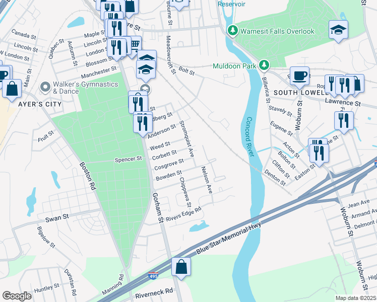 map of restaurants, bars, coffee shops, grocery stores, and more near 104 Corbett Street in Lowell
