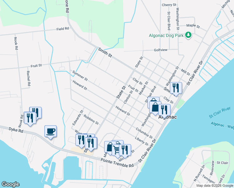 map of restaurants, bars, coffee shops, grocery stores, and more near 1101 State Street in Algonac