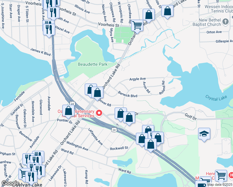 map of restaurants, bars, coffee shops, grocery stores, and more near 1064 Berwick Boulevard in Pontiac