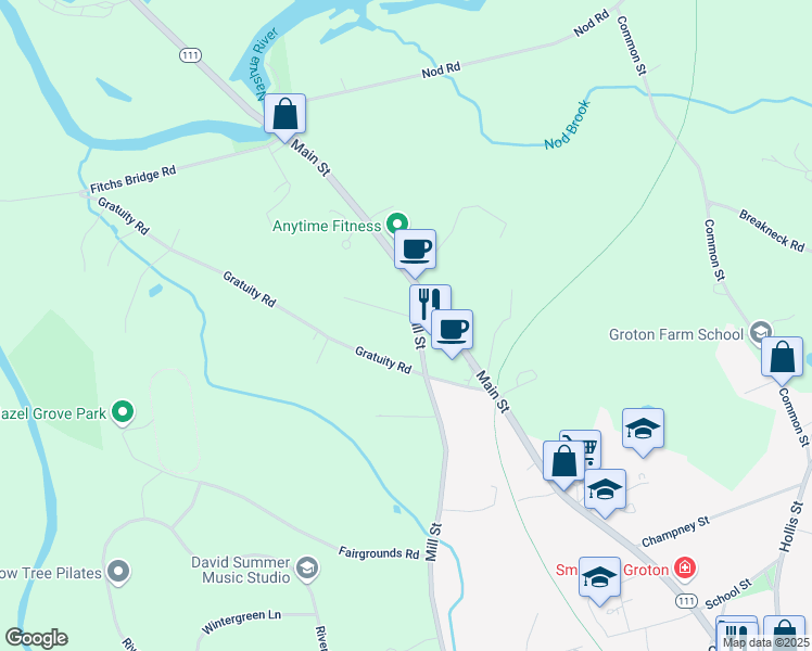 map of restaurants, bars, coffee shops, grocery stores, and more near 257 Mill Street in Groton