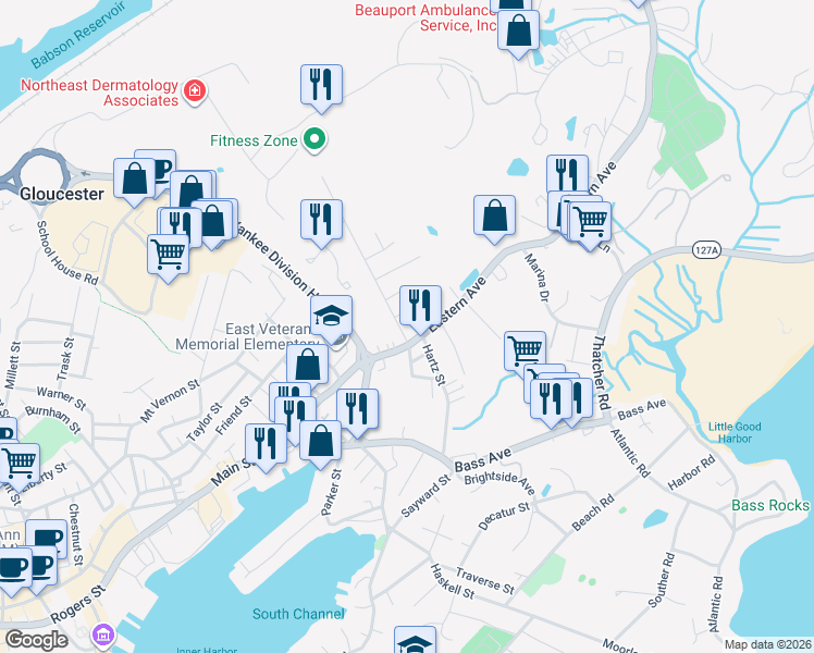 map of restaurants, bars, coffee shops, grocery stores, and more near 7 Harrison Avenue in Gloucester