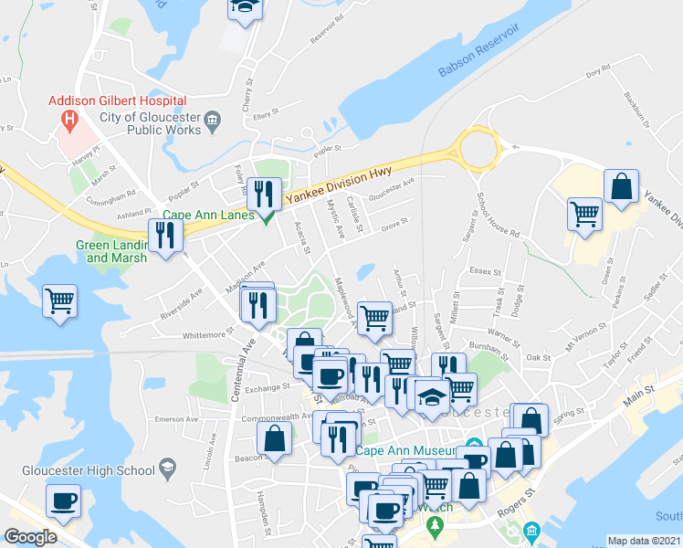 map of restaurants, bars, coffee shops, grocery stores, and more near 101 Maplewood Avenue in Gloucester