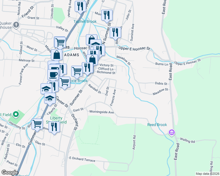 map of restaurants, bars, coffee shops, grocery stores, and more near 2 Manners Avenue in Adams