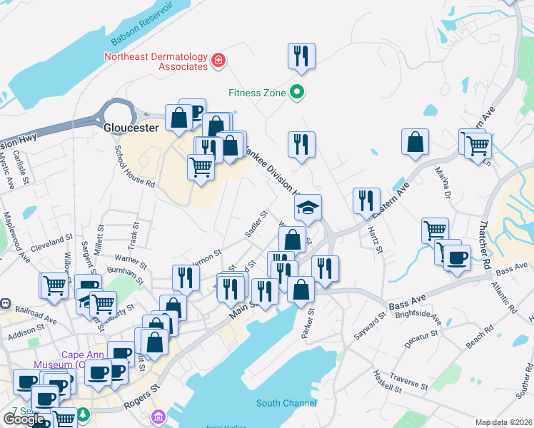 map of restaurants, bars, coffee shops, grocery stores, and more near 22 Sadler Street in Gloucester