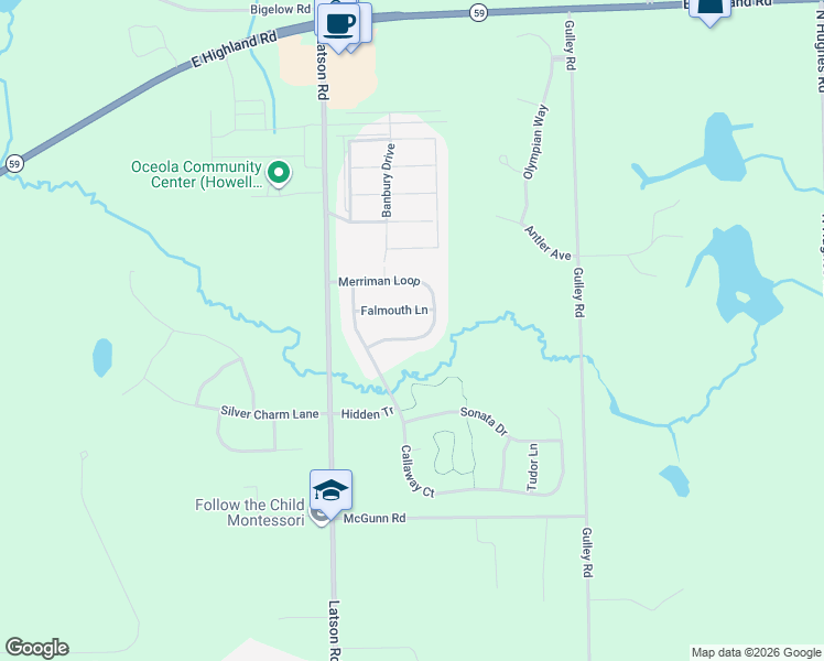 map of restaurants, bars, coffee shops, grocery stores, and more near 4109 Merriman Loop in Howell