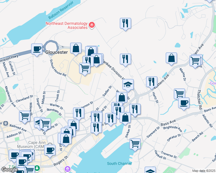 map of restaurants, bars, coffee shops, grocery stores, and more near 22 Sadler Street in Gloucester