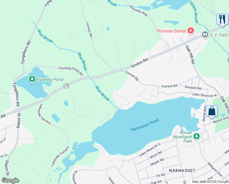 map of restaurants, bars, coffee shops, grocery stores, and more near 4 Hummingbird Lane in Westford