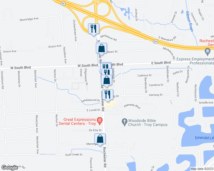 map of restaurants, bars, coffee shops, grocery stores, and more near 6842 South Rochester Road in Troy