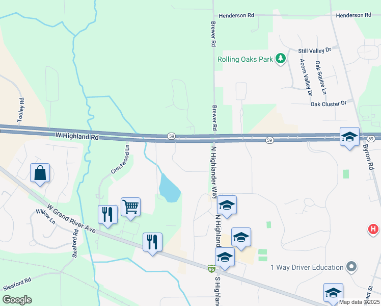 map of restaurants, bars, coffee shops, grocery stores, and more near 808 North Highlander Way in Howell