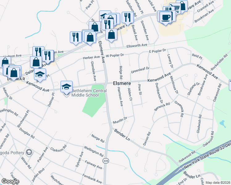 map of restaurants, bars, coffee shops, grocery stores, and more near 9 Harrison Avenue in Delmar