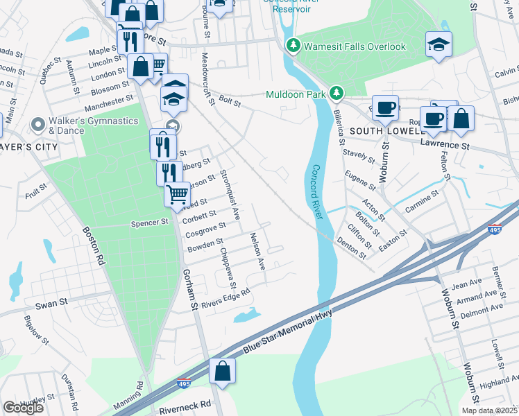 map of restaurants, bars, coffee shops, grocery stores, and more near 132 Bowden Street in Lowell