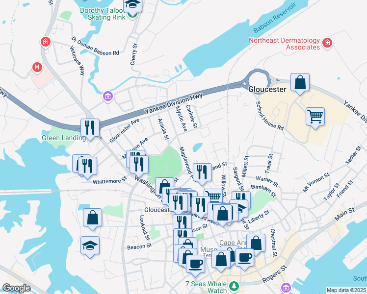 map of restaurants, bars, coffee shops, grocery stores, and more near 101 Maplewood Avenue in Gloucester
