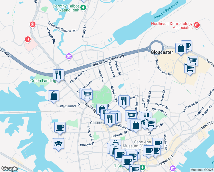 map of restaurants, bars, coffee shops, grocery stores, and more near 48 Grove Street in Gloucester