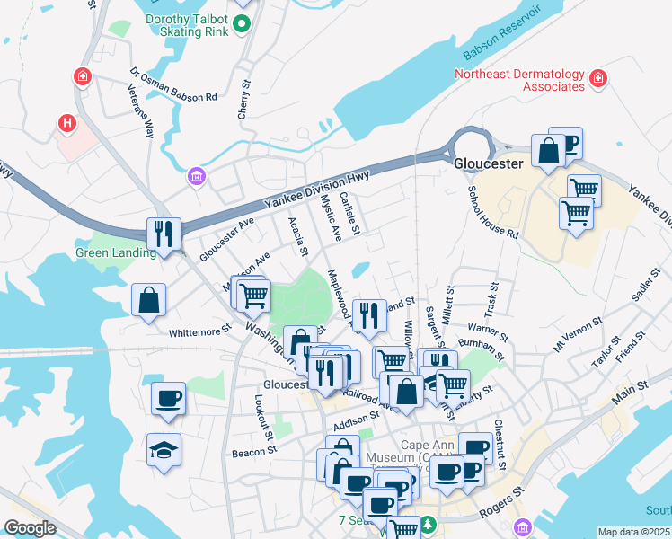 map of restaurants, bars, coffee shops, grocery stores, and more near 101 Maplewood Avenue in Gloucester