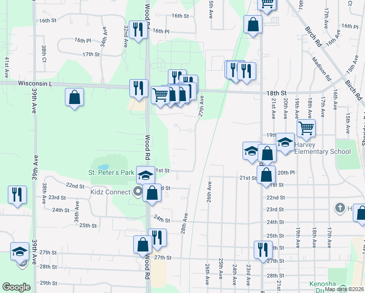 map of restaurants, bars, coffee shops, grocery stores, and more near 2830 21st Street in Kenosha