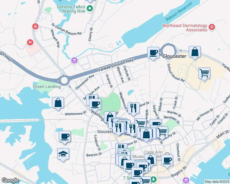 map of restaurants, bars, coffee shops, grocery stores, and more near 48 Grove Street in Gloucester