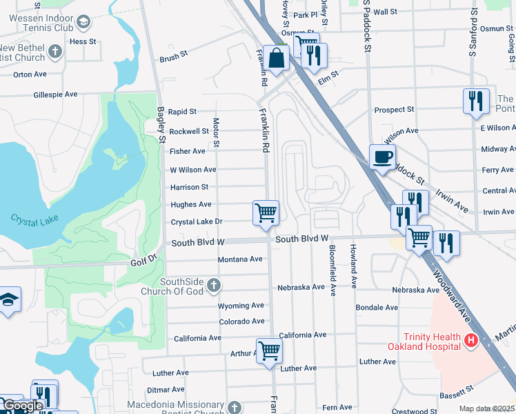 map of restaurants, bars, coffee shops, grocery stores, and more near 177 Hughes Avenue in Pontiac