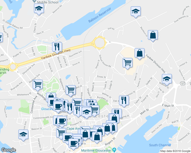 map of restaurants, bars, coffee shops, grocery stores, and more near 70 Millett Street in Gloucester