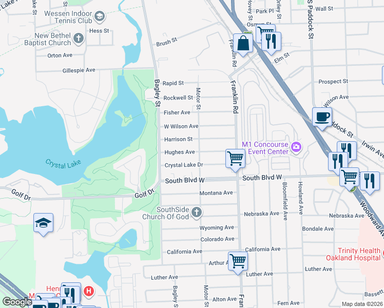map of restaurants, bars, coffee shops, grocery stores, and more near 261 Hughes Avenue in Pontiac