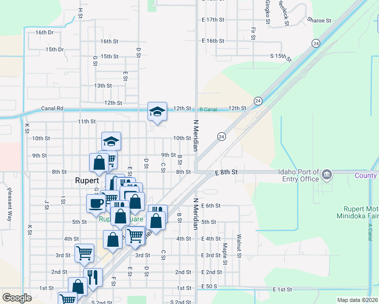 map of restaurants, bars, coffee shops, grocery stores, and more near 901 A Street in Rupert