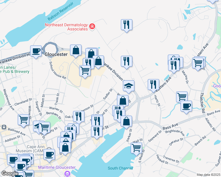 map of restaurants, bars, coffee shops, grocery stores, and more near 22 Sadler Street in Gloucester