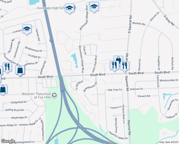 map of restaurants, bars, coffee shops, grocery stores, and more near 2847 Horseshoe Ct in Auburn Hills