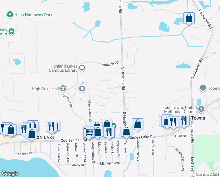 map of restaurants, bars, coffee shops, grocery stores, and more near Round Hill Drive in Waterford Township