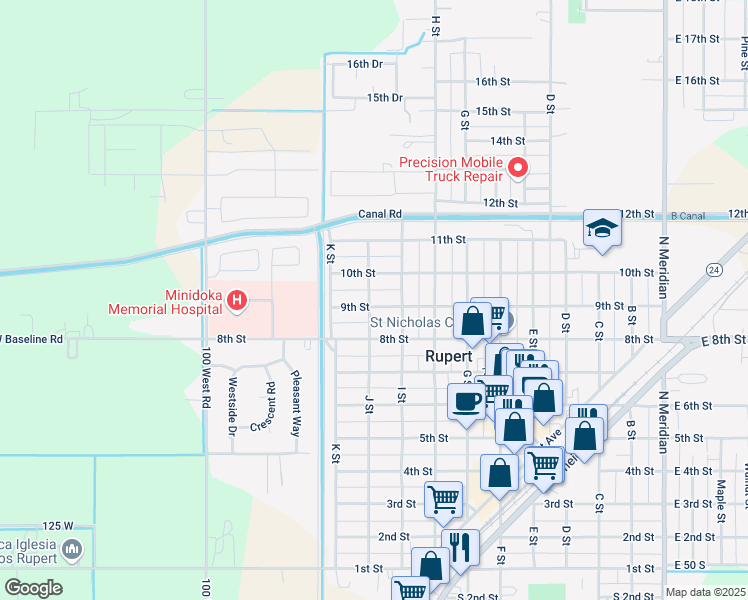 map of restaurants, bars, coffee shops, grocery stores, and more near 924 9th Street in Rupert
