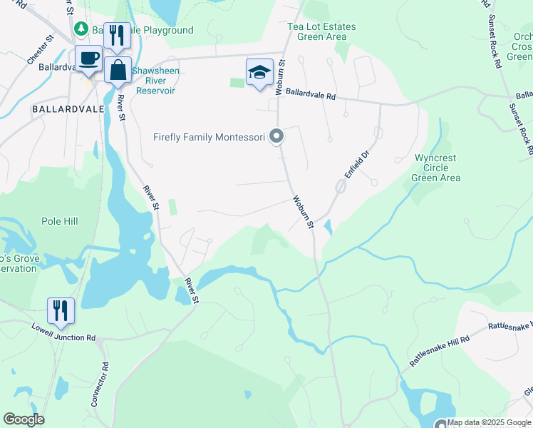 map of restaurants, bars, coffee shops, grocery stores, and more near 5 Charlotte Drive in Andover