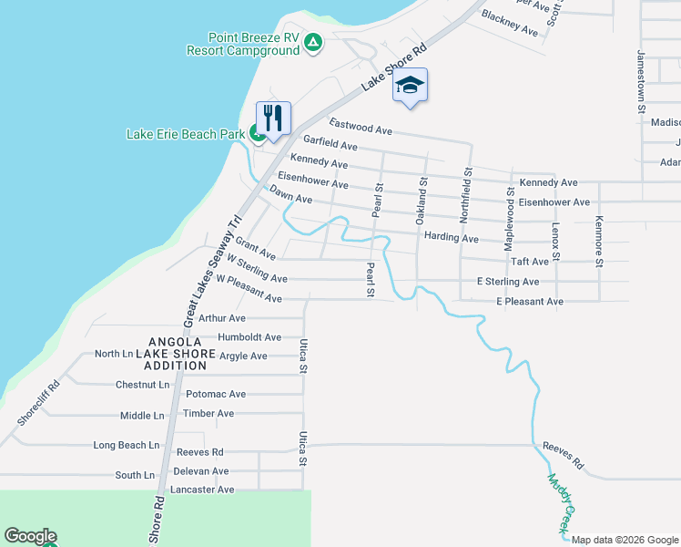 map of restaurants, bars, coffee shops, grocery stores, and more near 224 W Sterling Ave in Angola