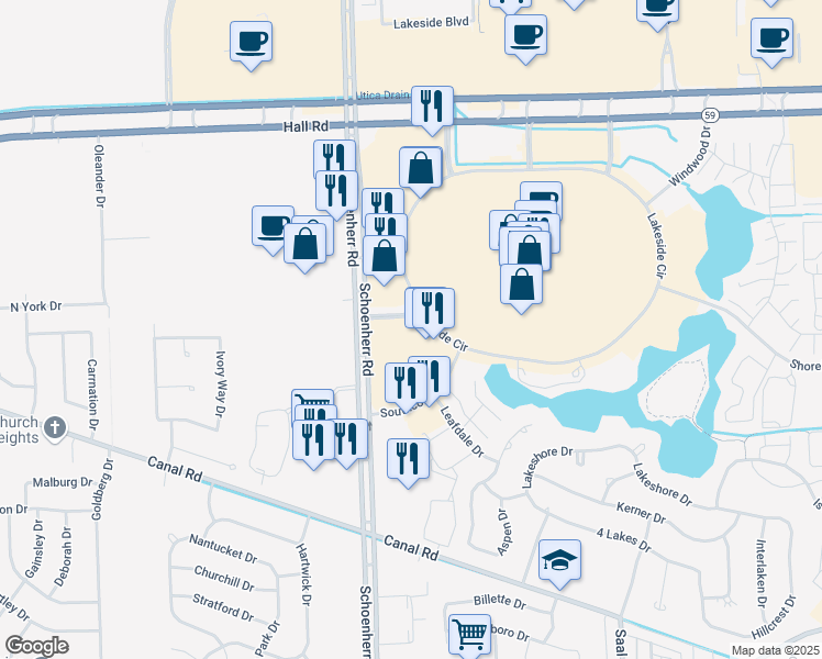 map of restaurants, bars, coffee shops, grocery stores, and more near 13800 Lakeside Circle in Sterling Heights
