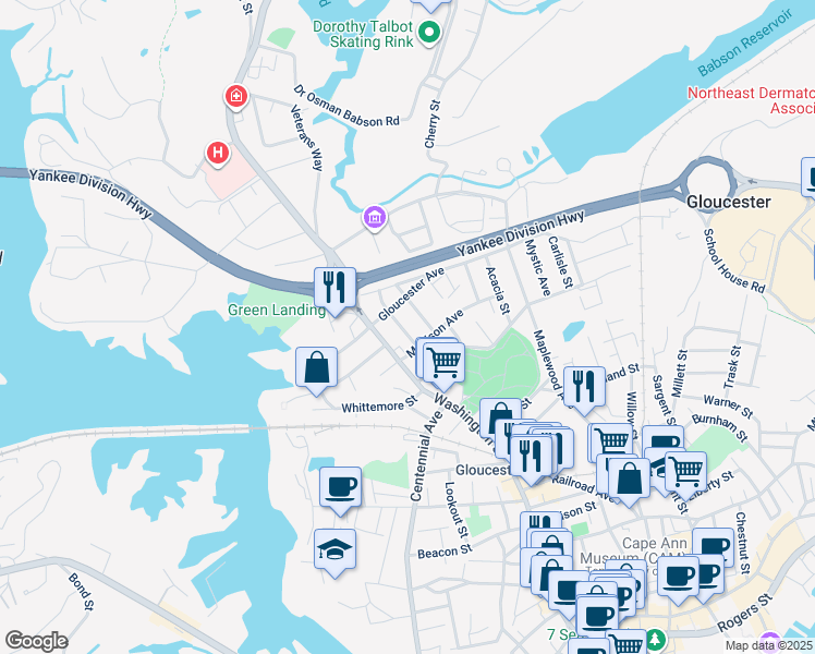 map of restaurants, bars, coffee shops, grocery stores, and more near 33 Gloucester Avenue in Gloucester