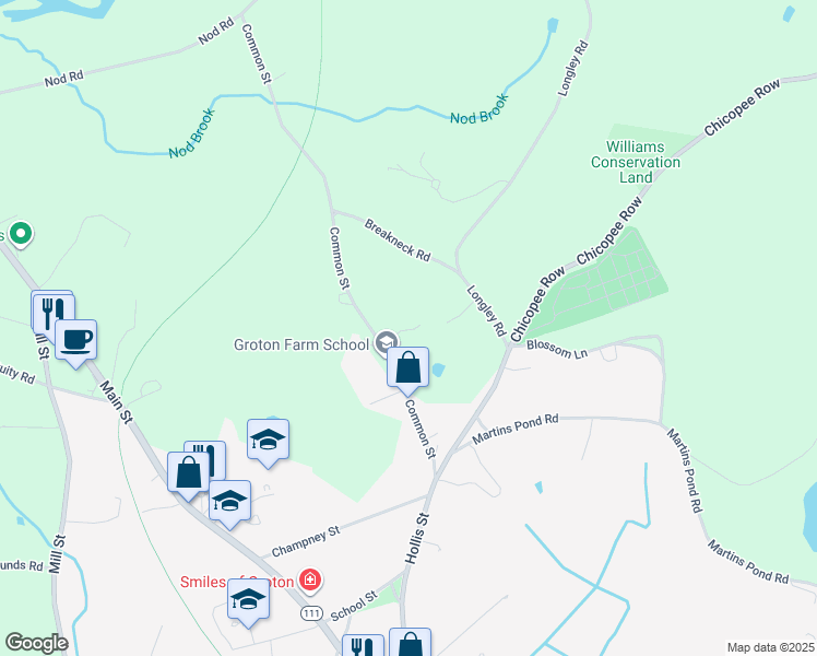 map of restaurants, bars, coffee shops, grocery stores, and more near 80 Common Street in Groton