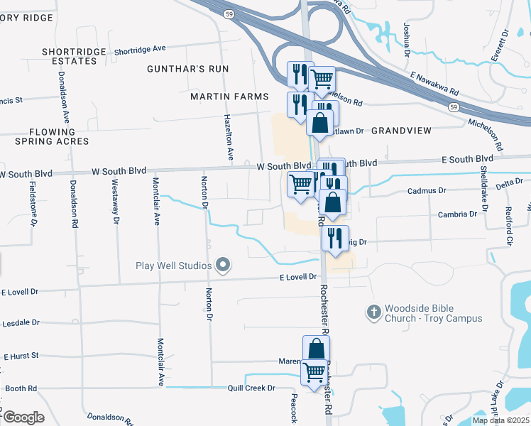 map of restaurants, bars, coffee shops, grocery stores, and more near 788 Paint Creek Drive in Troy