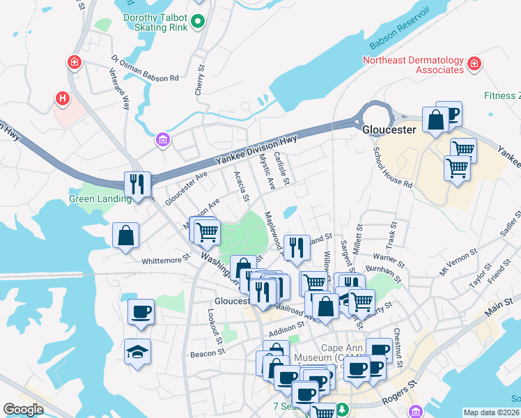 map of restaurants, bars, coffee shops, grocery stores, and more near 101 Maplewood Avenue in Gloucester